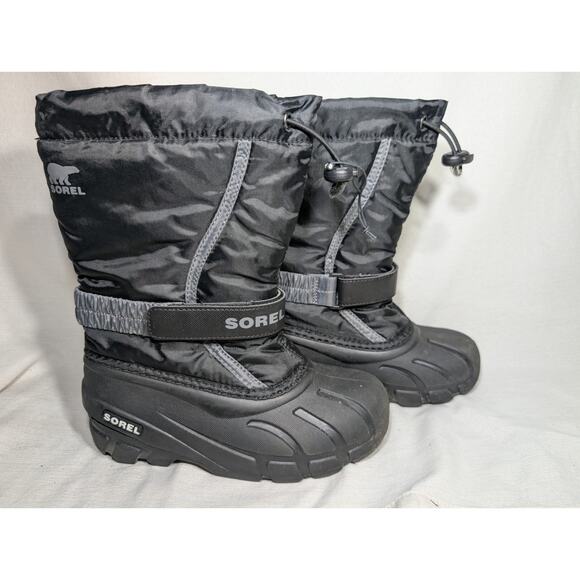 Sorel Youth Flurry Snow Boot Sz 2 Black City Gray Insulated Waterproof Winter - Picture 1 of 5
